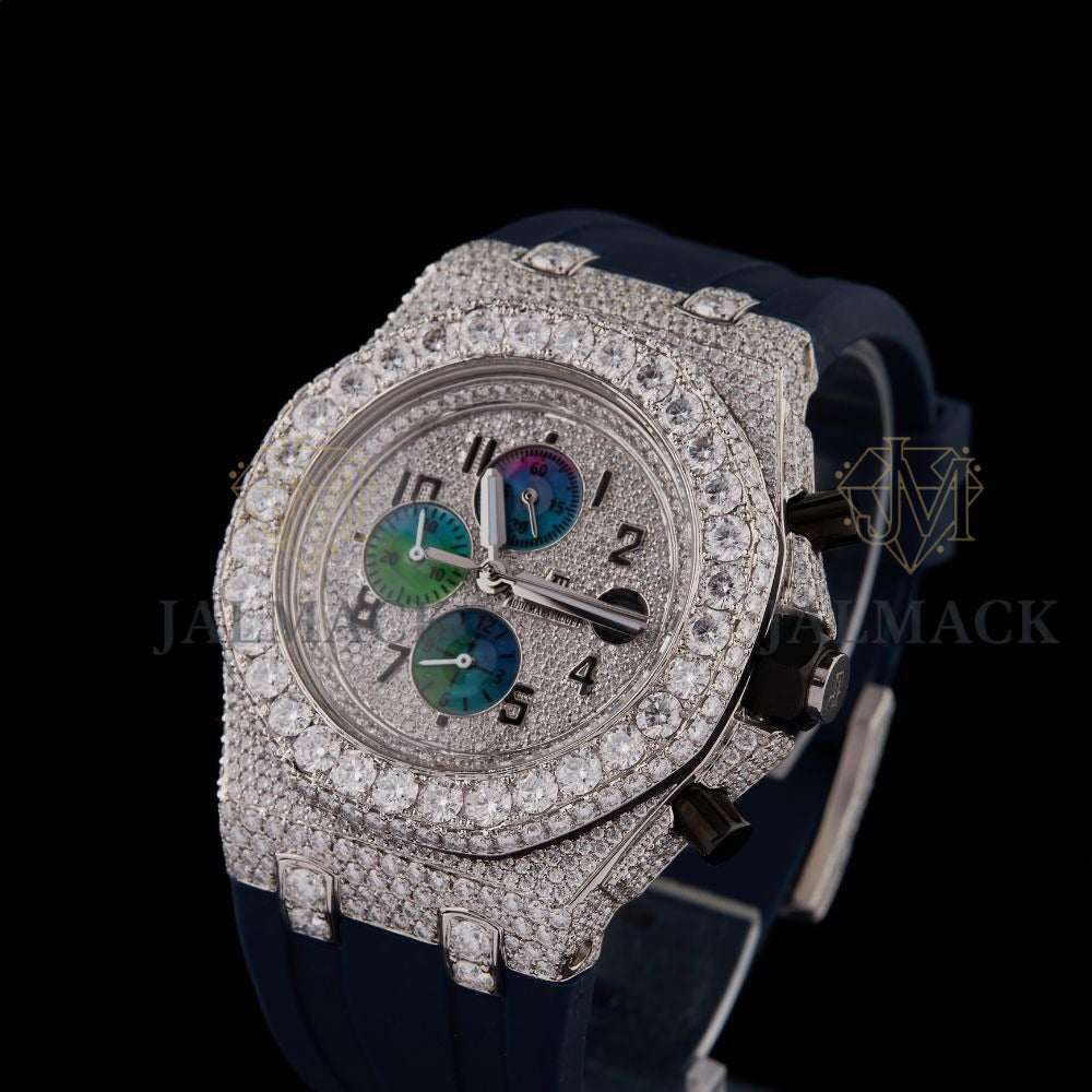 Silver Dial Arabic Numeral Round-Cut Moissanite Chronograph Watch