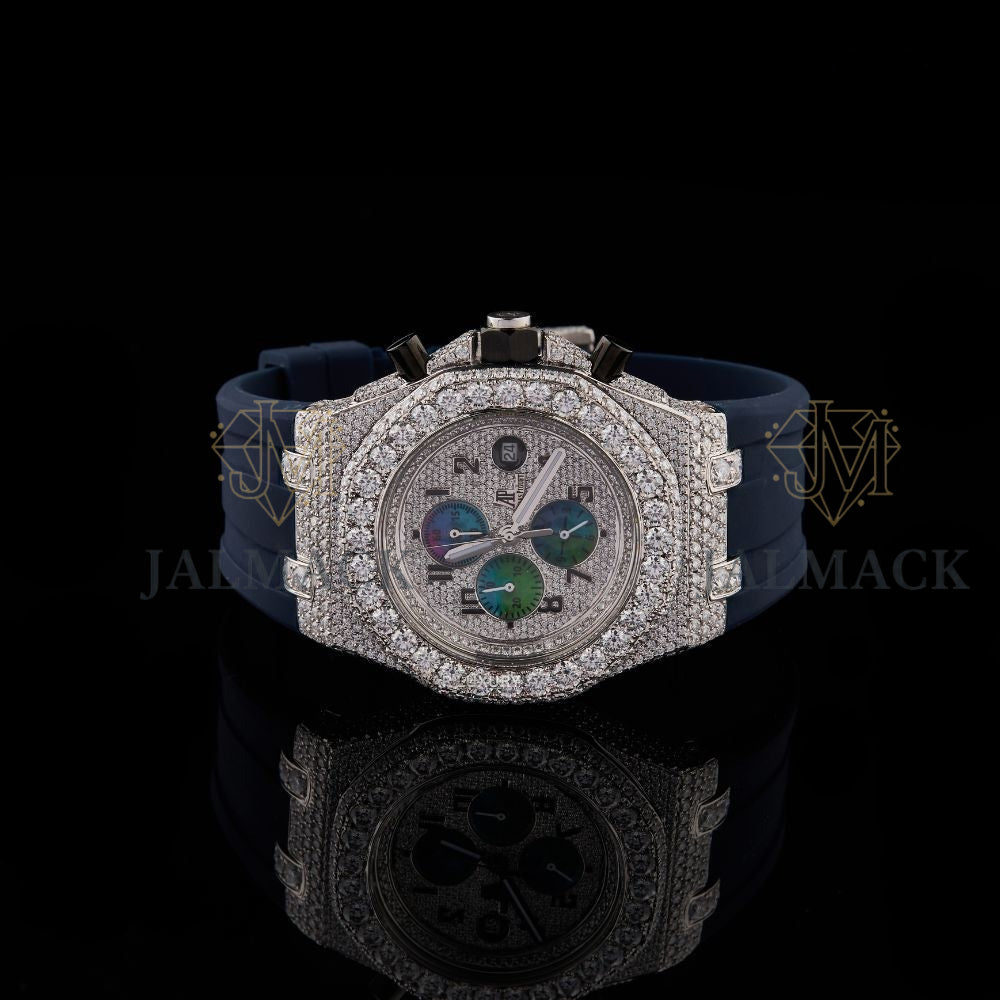 Silver Dial Arabic Numeral Round-Cut Moissanite Chronograph Watch