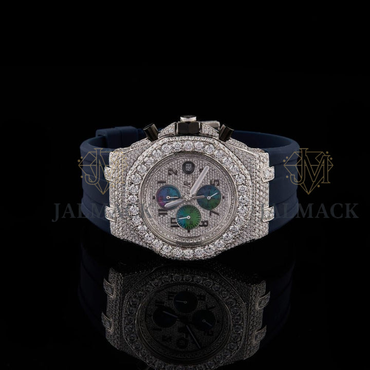 Silver Dial Arabic Numeral Round-Cut Moissanite Chronograph Watch
