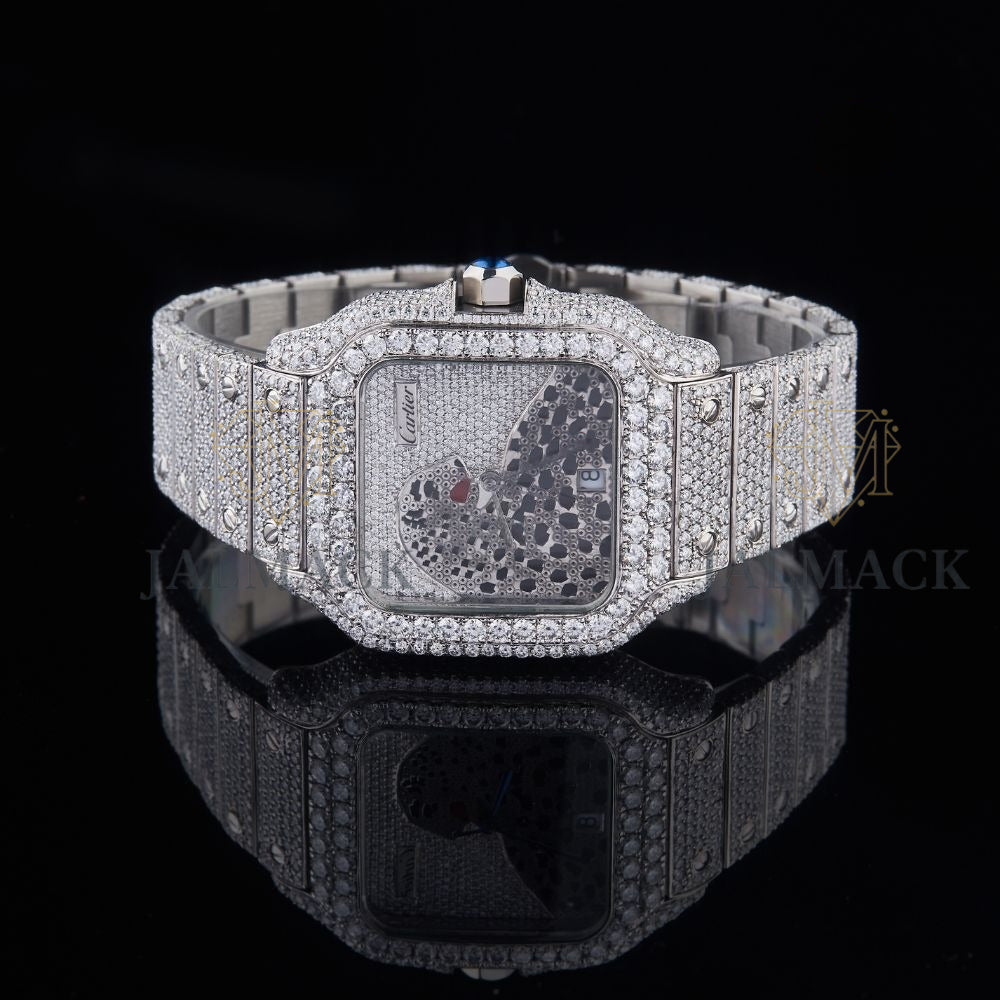 Silver Dial Markerless Panther Round-Cut Moissanite Watch