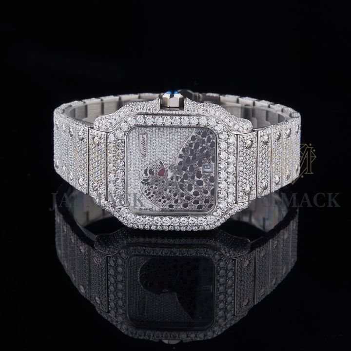 Silver Dial Markerless Panther Round-Cut Moissanite Watch