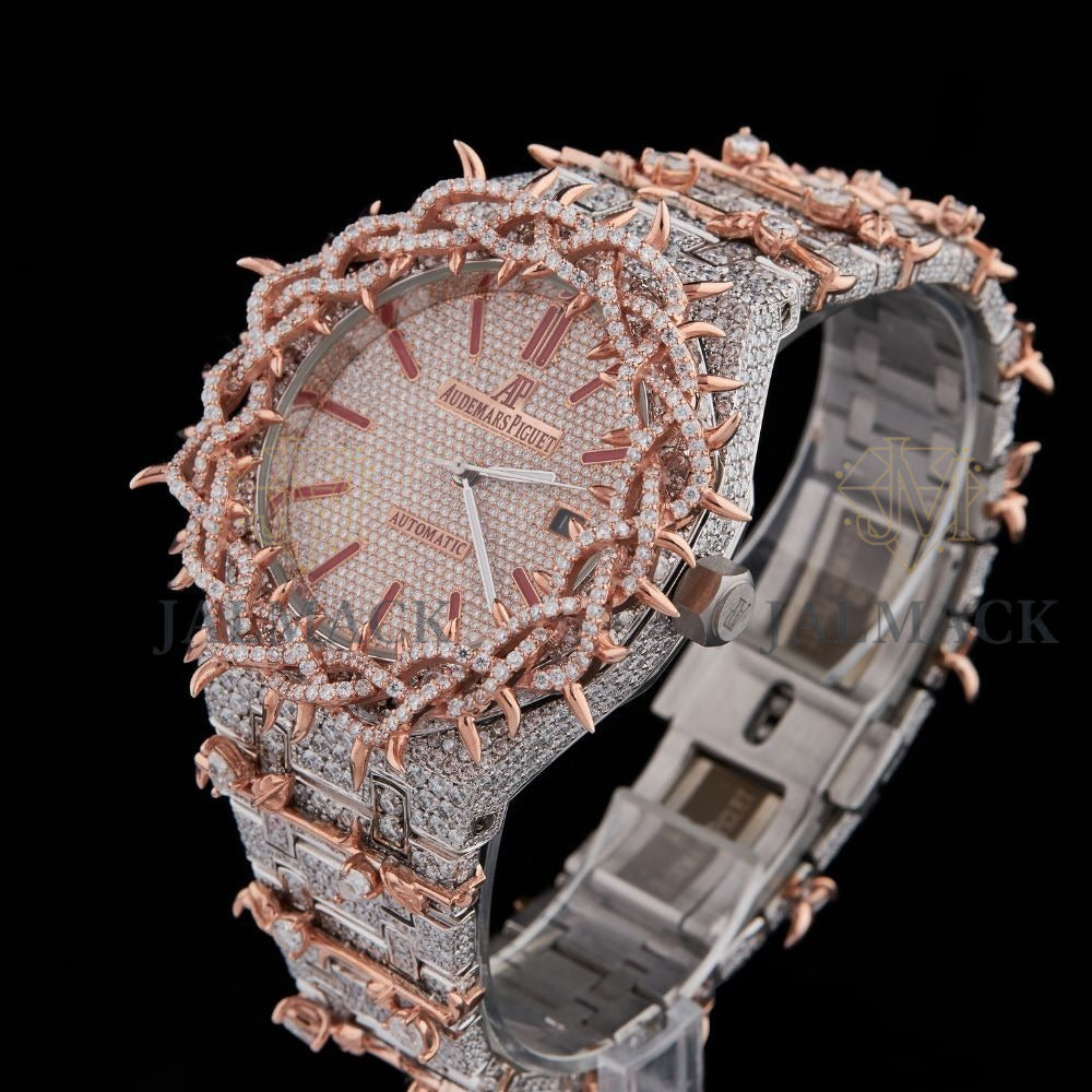 Rose Gold Dial Baton Marker Round-Cut Thorn Moissanite Watch