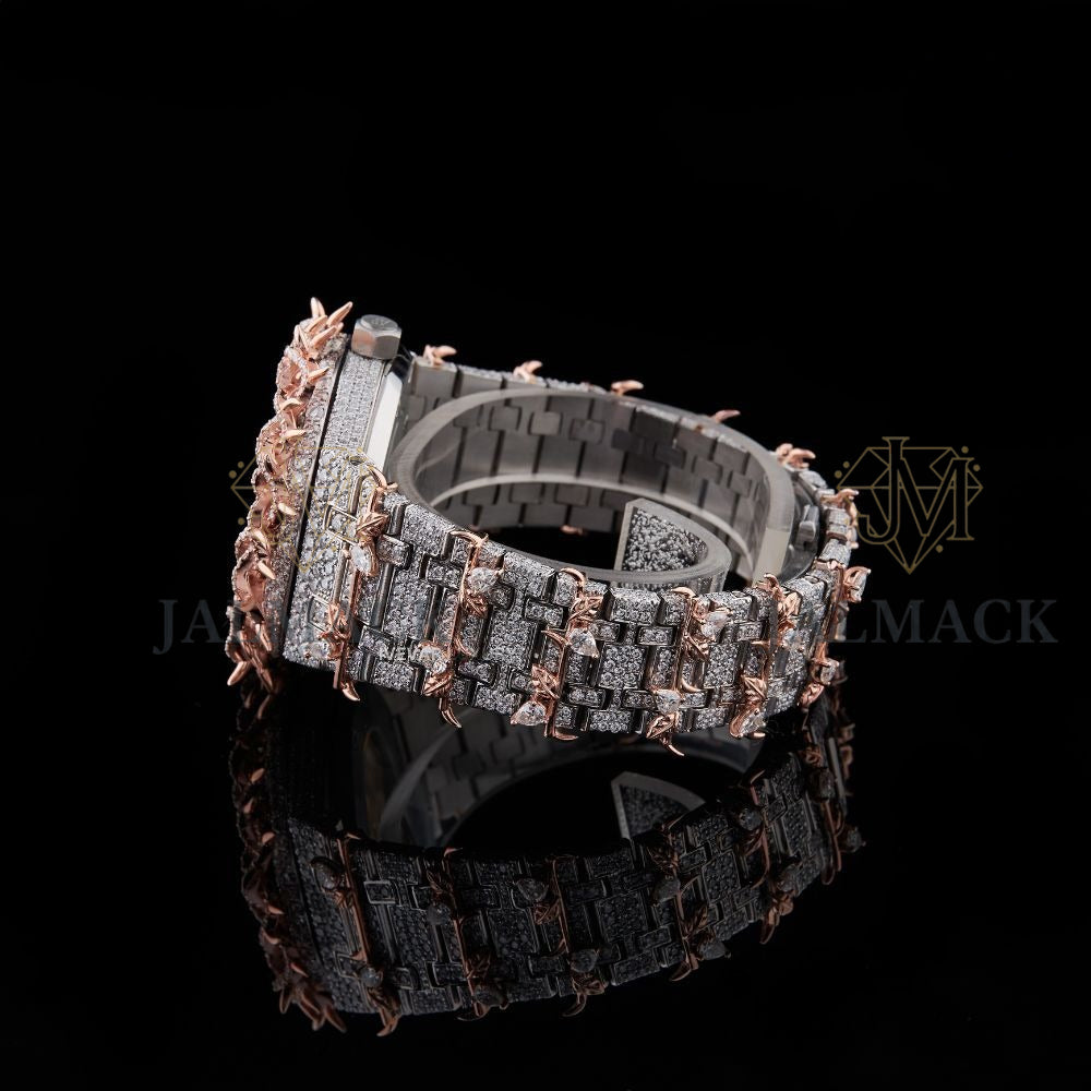 Rose Gold Dial Baton Marker Round-Cut Thorn Moissanite Watch