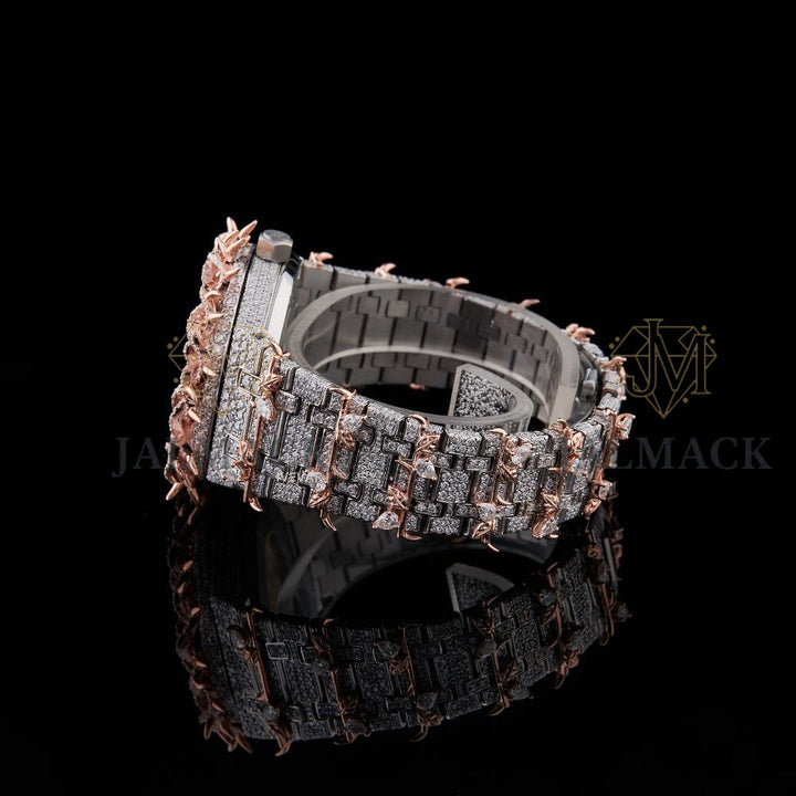 Rose Gold Dial Baton Marker Round-Cut Thorn Moissanite Watch