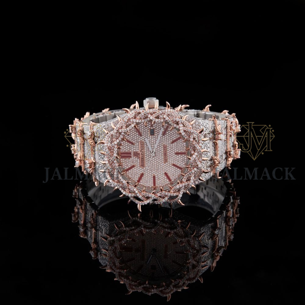 Rose Gold Dial Baton Marker Round-Cut Thorn Moissanite Watch