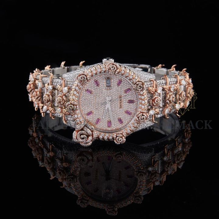 Rose Gold Dial Pink Baguette Marker Round-Cut Floral Moissanite Watch