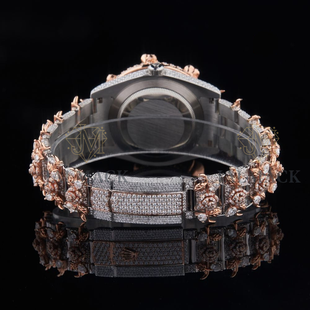 Rose Gold Dial Pink Baguette Marker Round-Cut Floral Moissanite Watch