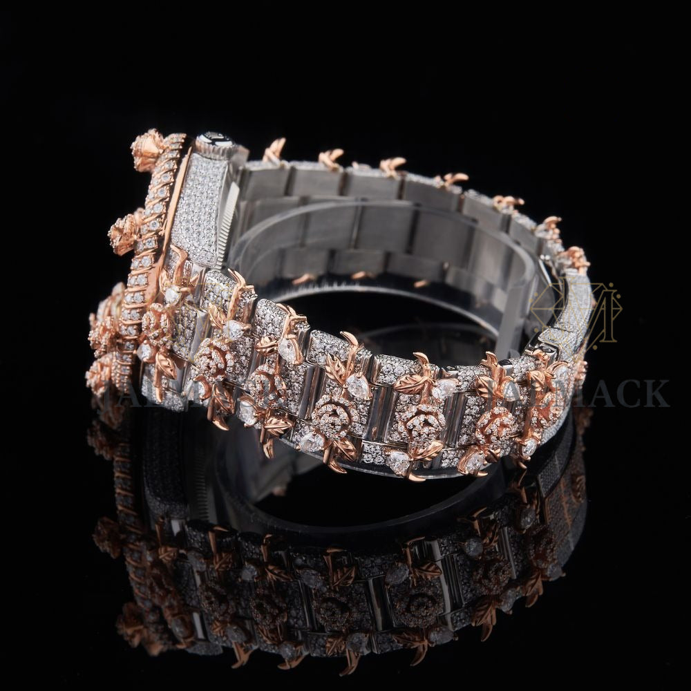 Rose Gold Dial Pink Baguette Marker Round-Cut Floral Moissanite Watch