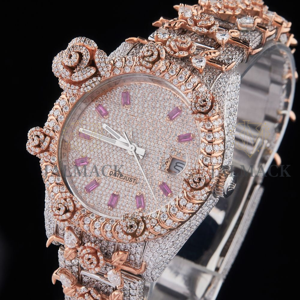 Rose Gold Dial Pink Baguette Marker Round-Cut Floral Moissanite Watch