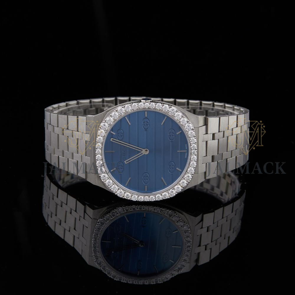 Blue Dial Monogram Letter Round-Cut Moissanite Watch