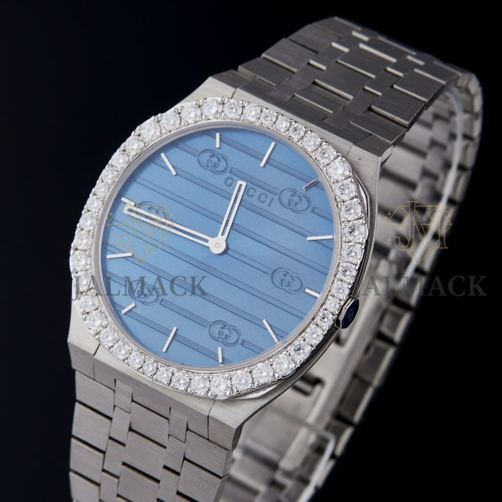 Blue Dial Monogram Letter Round-Cut Moissanite Watch