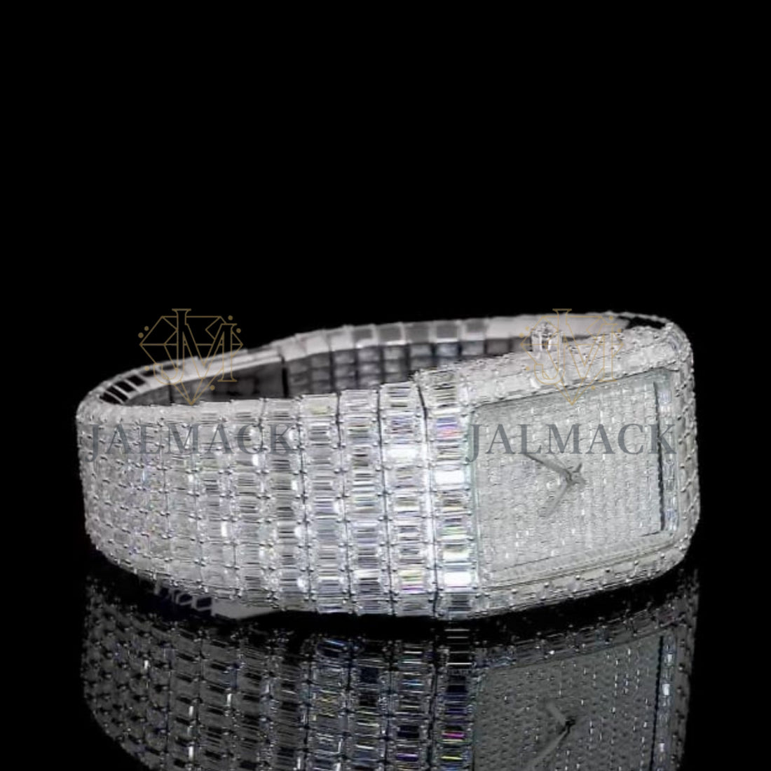 Silver Dial Markerless Baguette-Cut Moissanite Watch