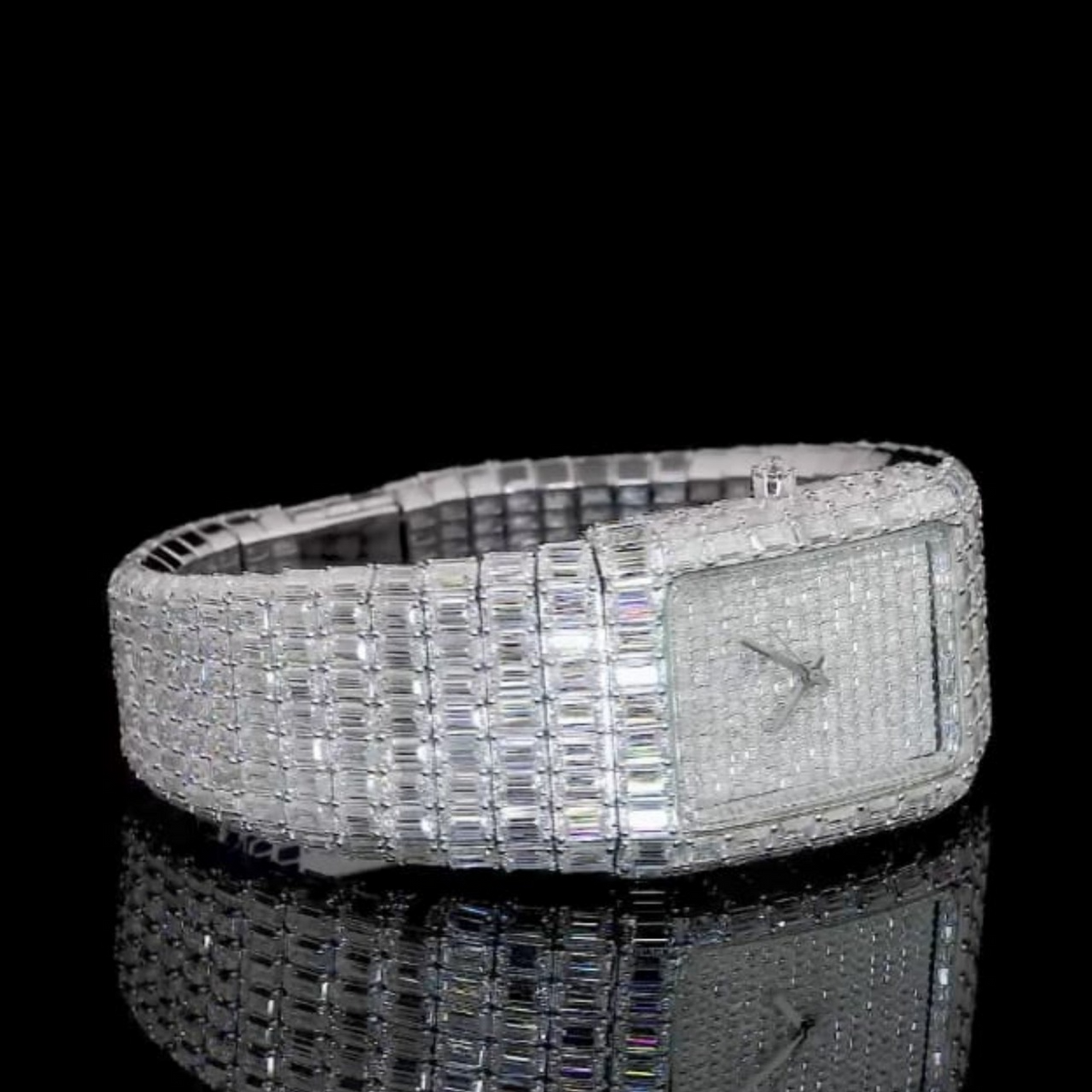Silver Dial Markerless Baguette-Cut Moissanite Watch