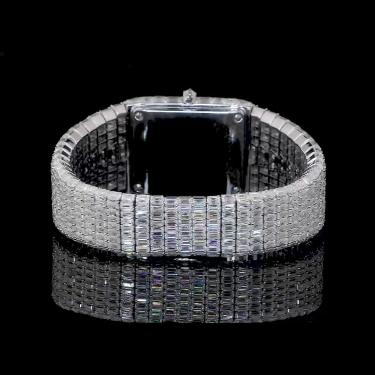 Silver Dial Markerless Baguette-Cut Moissanite Watch
