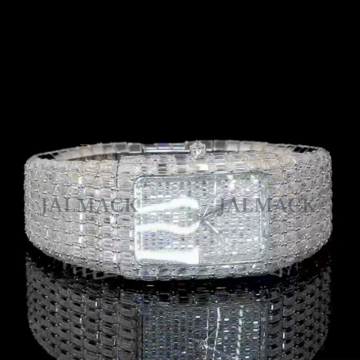 Silver Dial Markerless Baguette-Cut Moissanite Watch