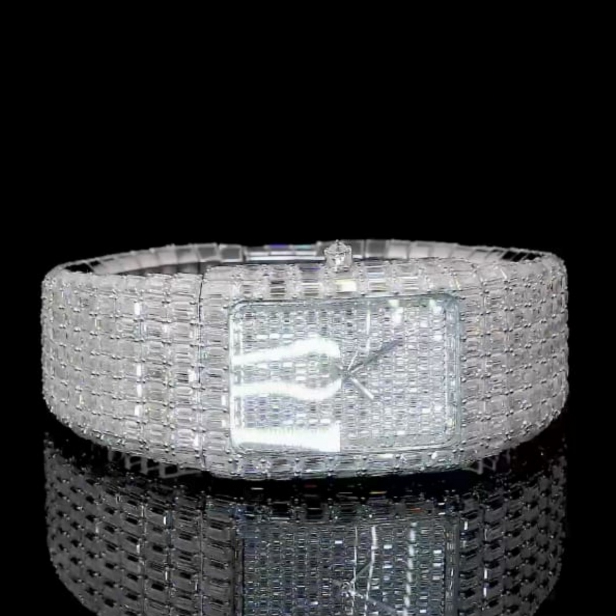 Silver Dial Markerless Baguette-Cut Moissanite Watch