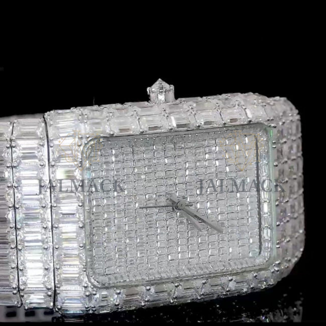 Silver Dial Markerless Baguette-Cut Moissanite Watch