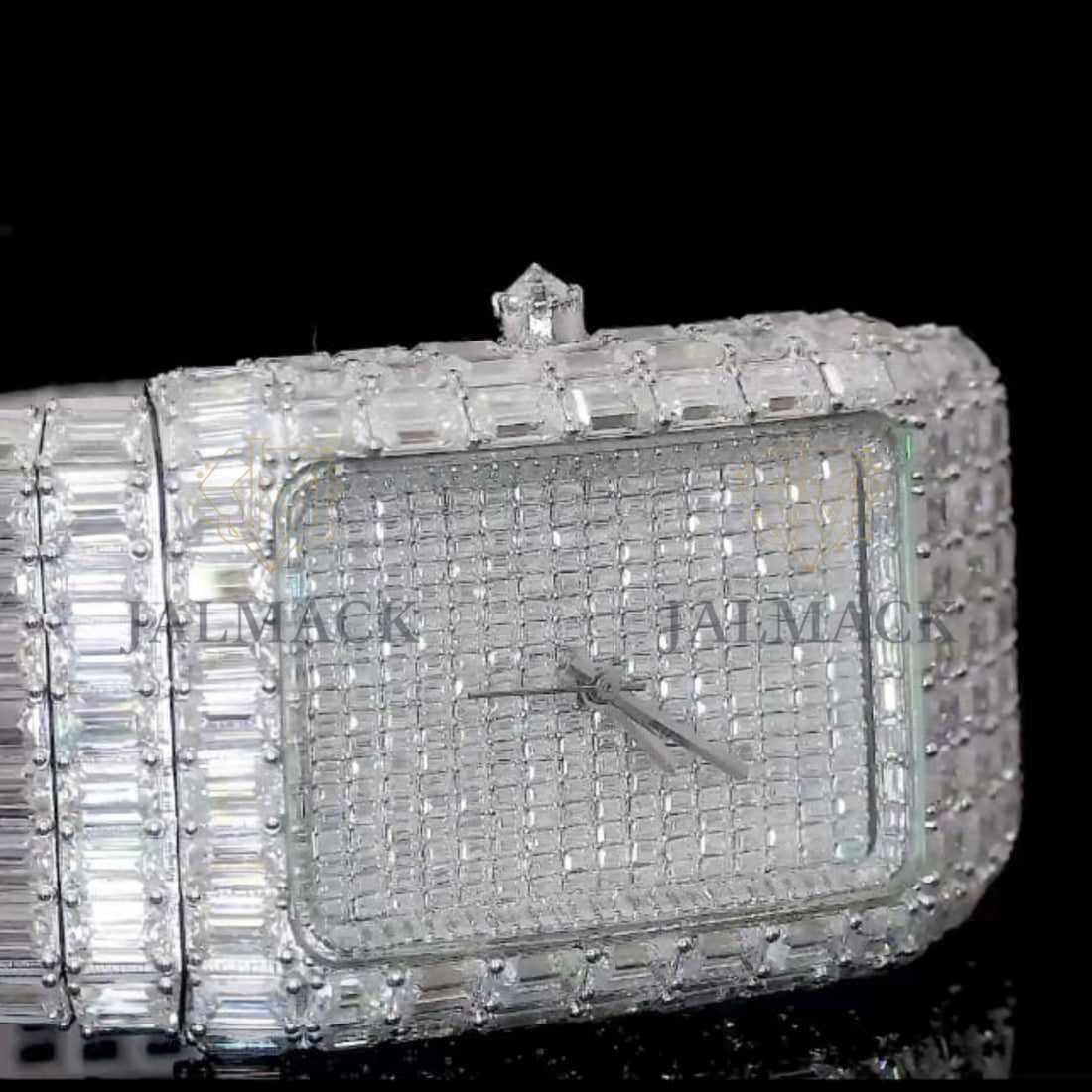 Silver Dial Markerless Baguette-Cut Moissanite Watch