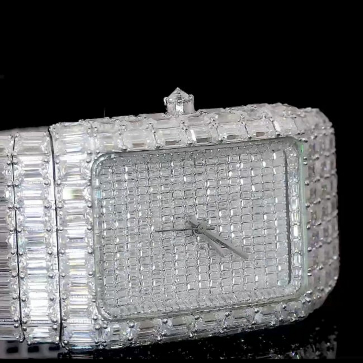Silver Dial Markerless Baguette-Cut Moissanite Watch